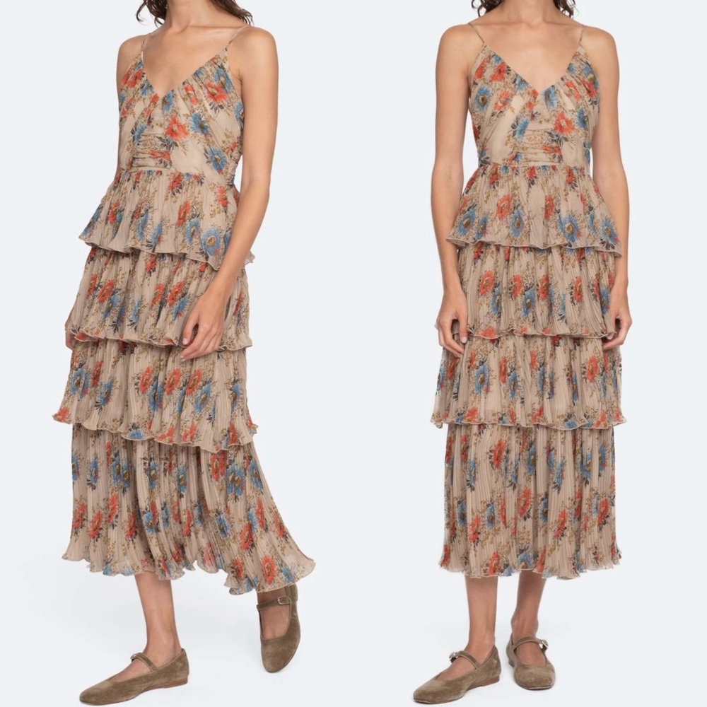 Sea New York Roanne Floral Print Pleated Ruffle Tiered Sleeveless Midi  Dress